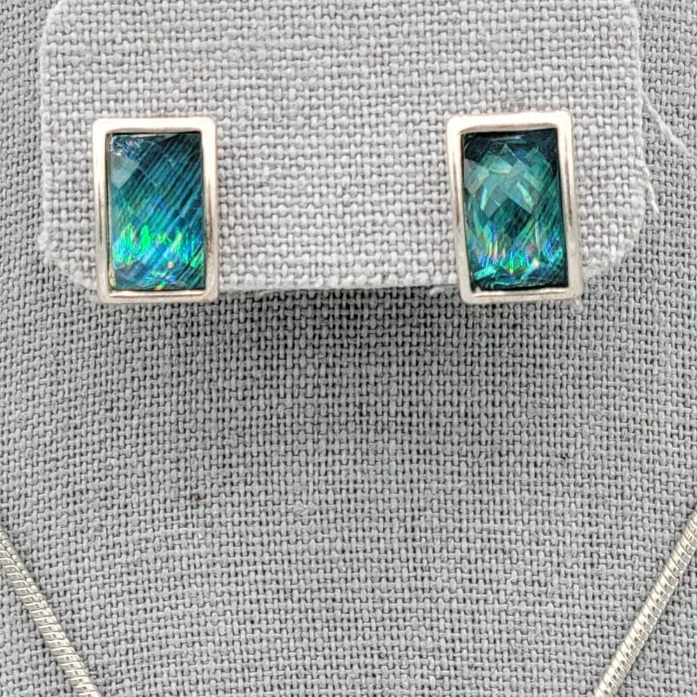 KC Blue Stone Rectangle Pendant Necklace Earrings Fashion Set Blue Silver Tone - Picture 5 of 12